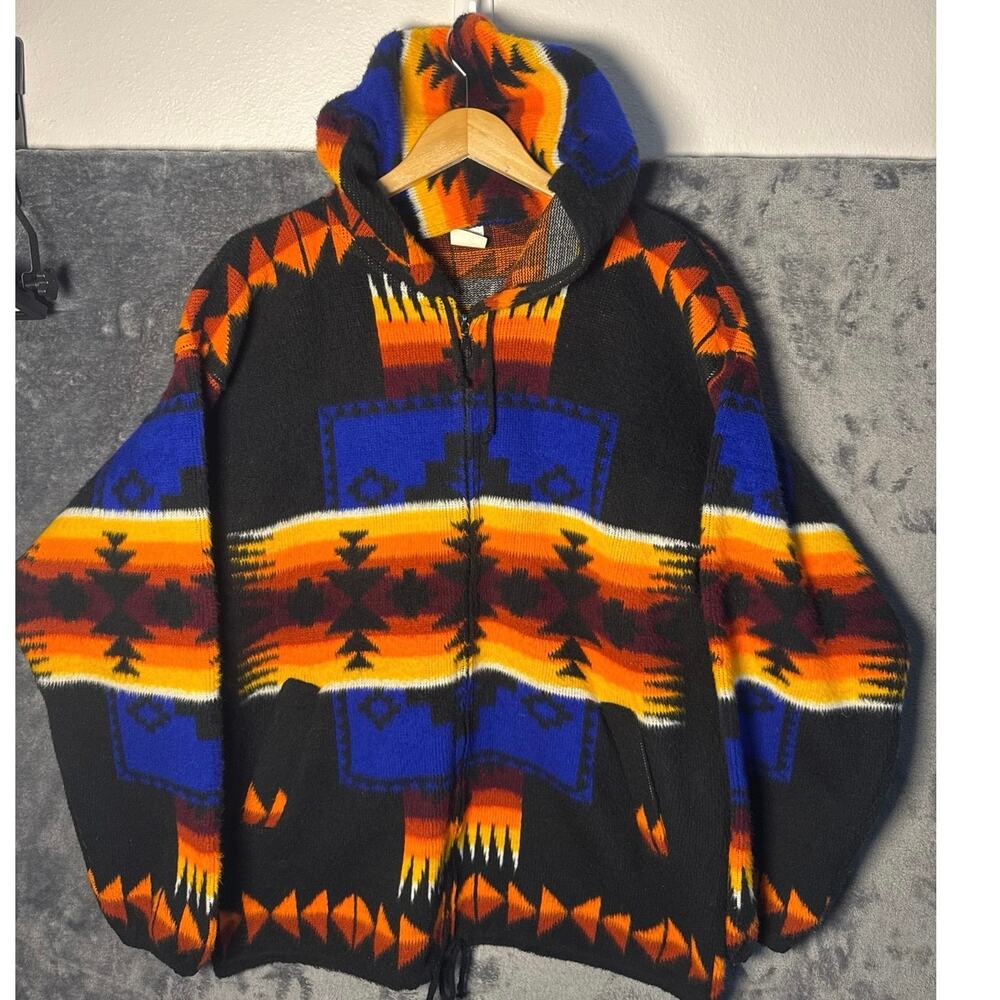Artesanias Tuntaquimba Ecuador Wool Knit Hoodie Jacket XL Southwest Aztec VTG 90
